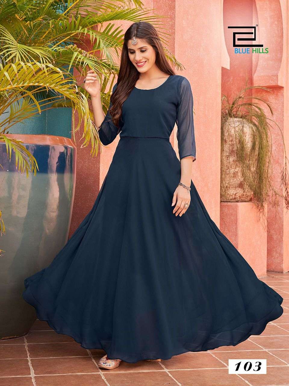 GINISHA BY BLUE HILLS BRAND GEORGETTE WITH INNER PLAN LONG GOWN KURTI WHOLESALER AND DEALER